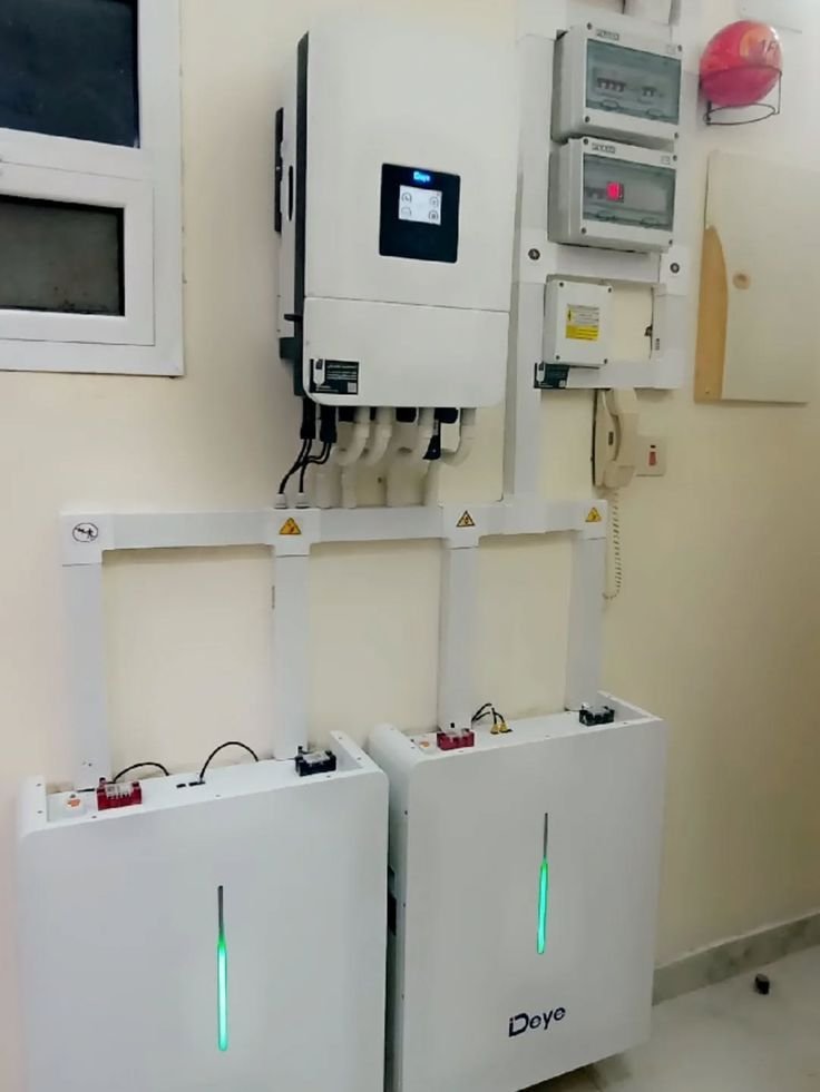 Technician with hybrid inverter and solar equipment